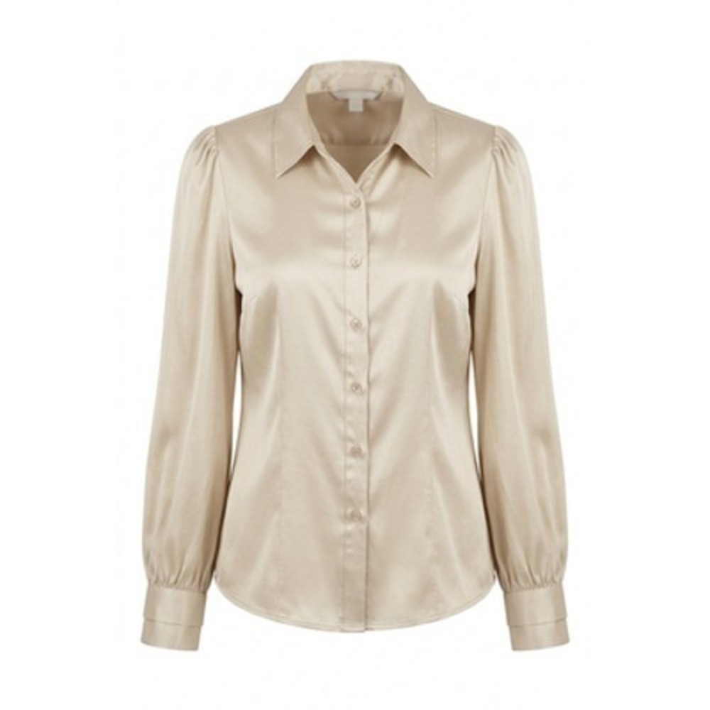 MODA International Shirt Women L Beige Silk Stretch Satin Button Up Blouse